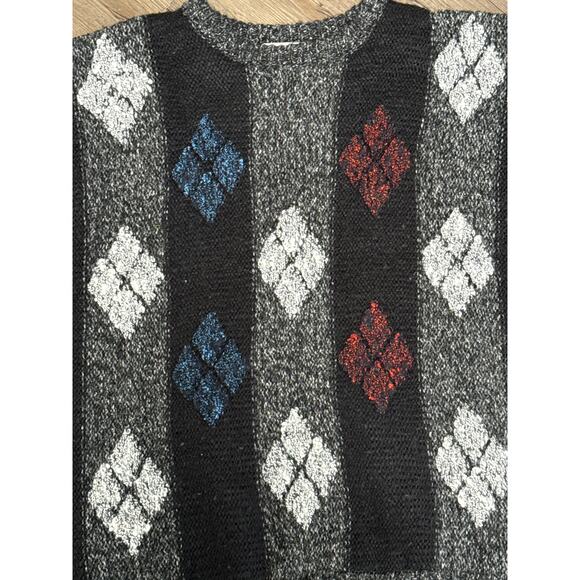 Vintage 90s Men Chunky Textured Knit Striped Diamond Print Biggie Sweater Large - Picture 4 of 5